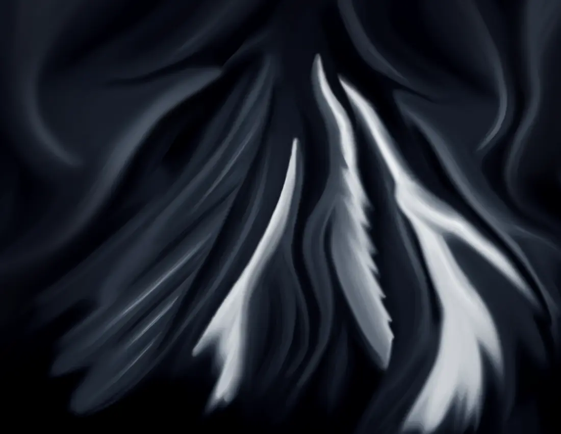 Abstract. Dark background with curving figures, in black and white, moving upwards in foreground.