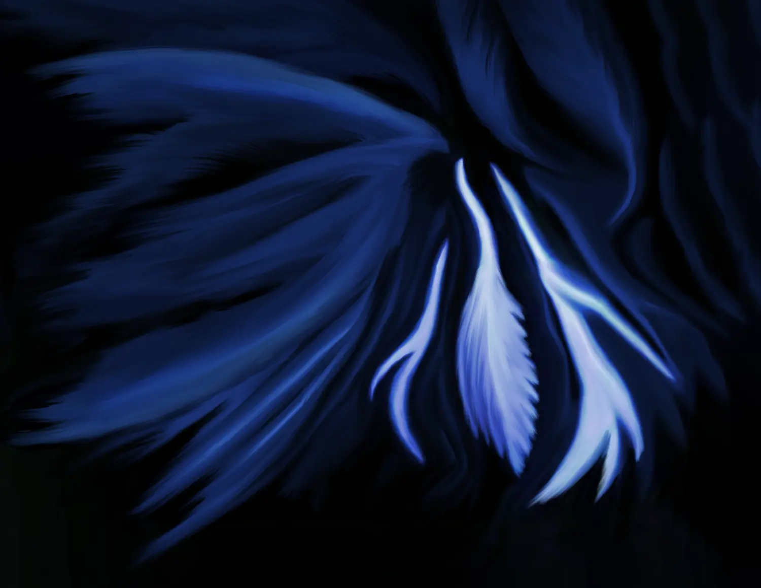 Abstract. Dark background with curving figures, in blue colors, moving upwards in foreground.