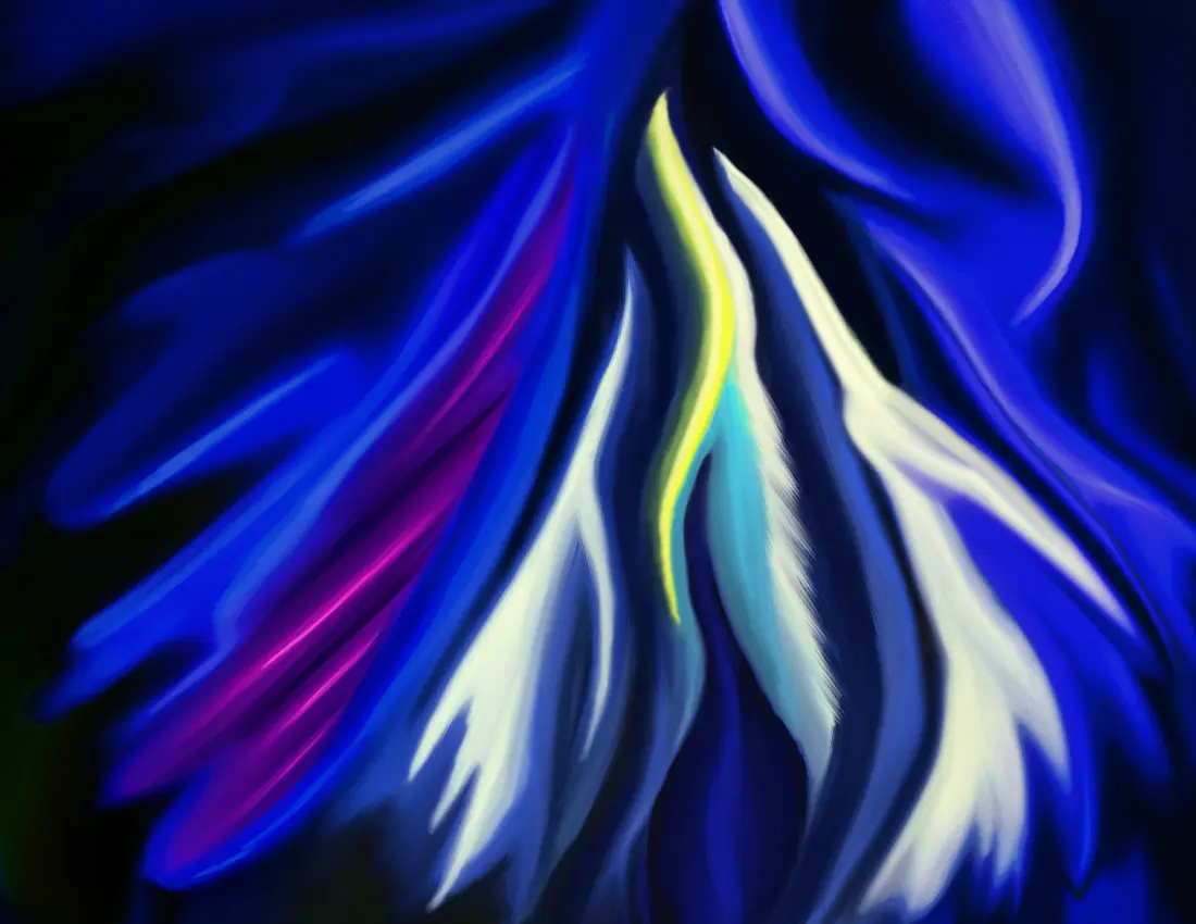 Abstract. Dark background with curving figures, in white, blue and green moving upwards in foreground.