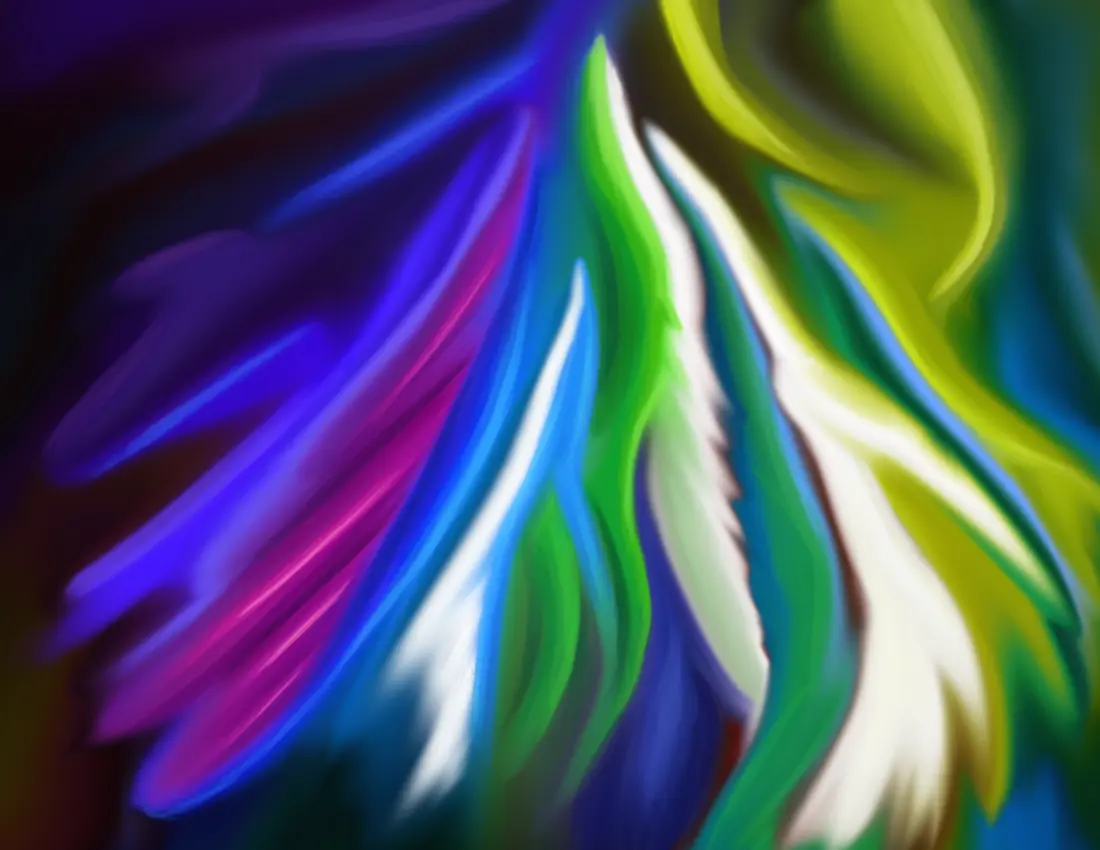 Abstract. Dark background with curving figures, in white, blue and green moving upwards in foreground.