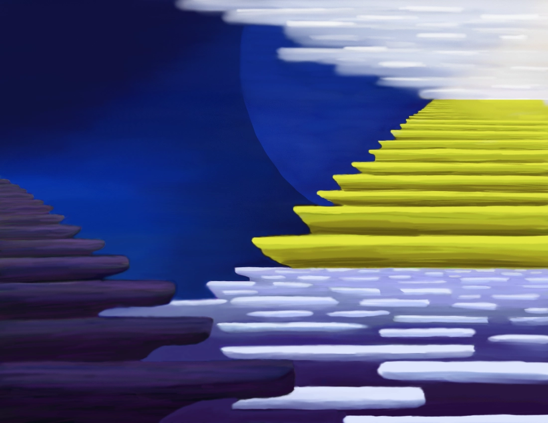 Abstract. Diagonal angular shapes in perspective from foreground to background.  Purple, blue and yellow colors.