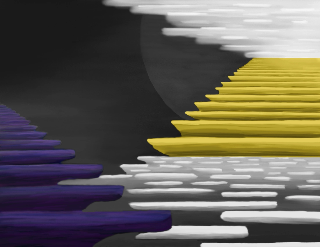 Abstract. Diagonal angular shapes in perspective from foreground to background.  Purple and yellow colors.