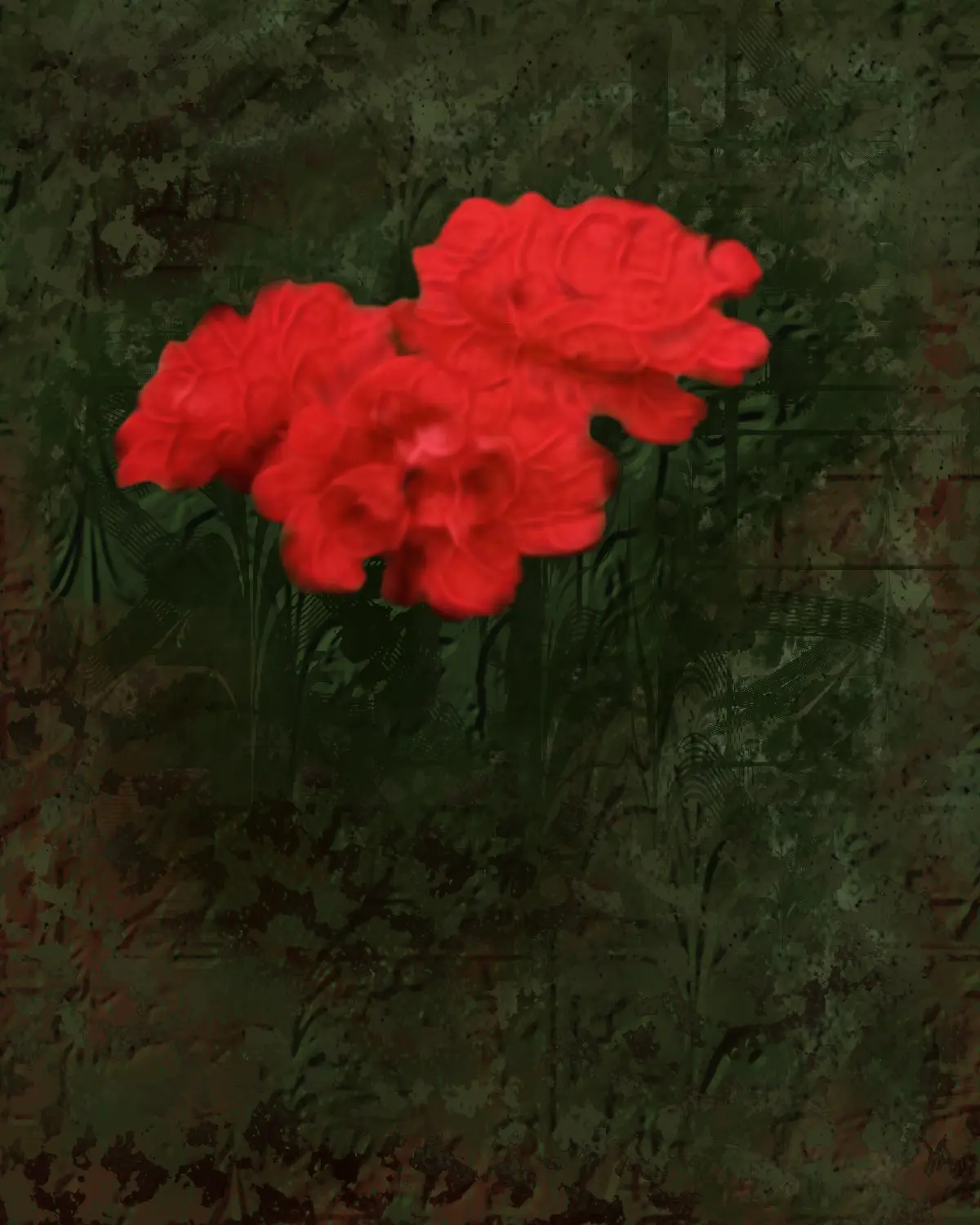 Abstract. Textured over painting of a closeup photo of three red roses with a green leafy background.