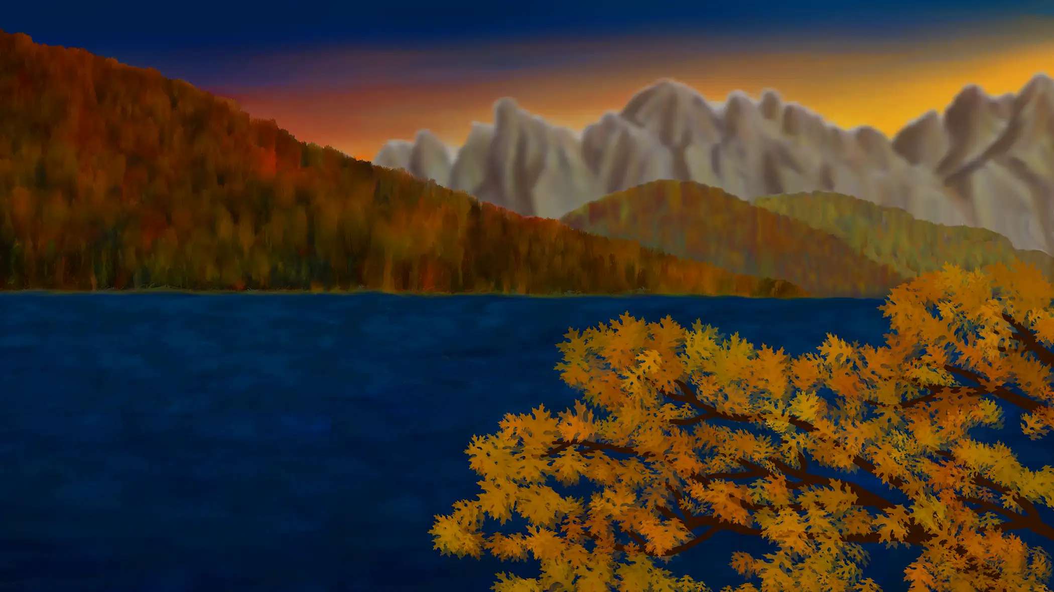 Autumn landscape of lake and mountains with tree in foreground.
