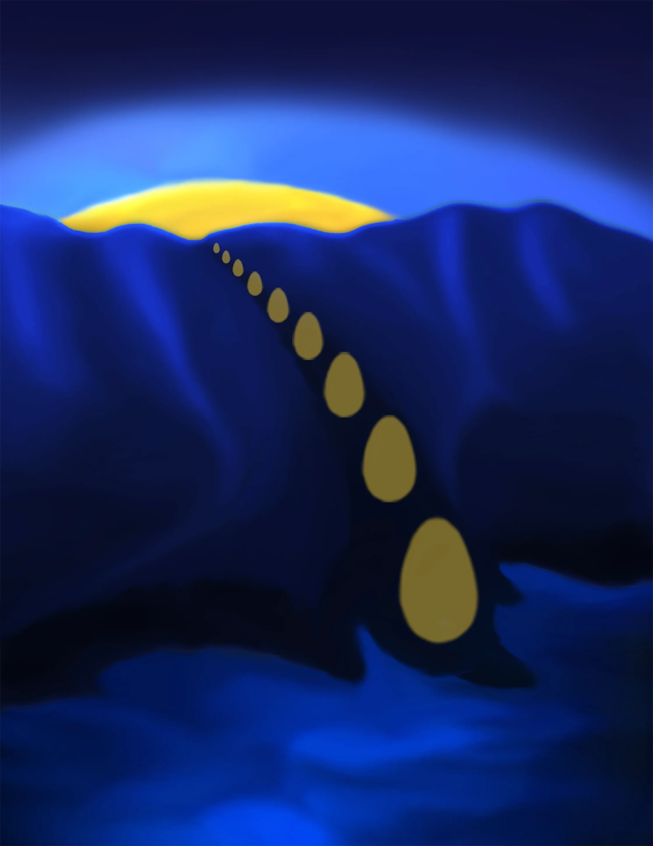 Surreal. Oblong egg shapes in a line extending into the horizon towards a setting sun