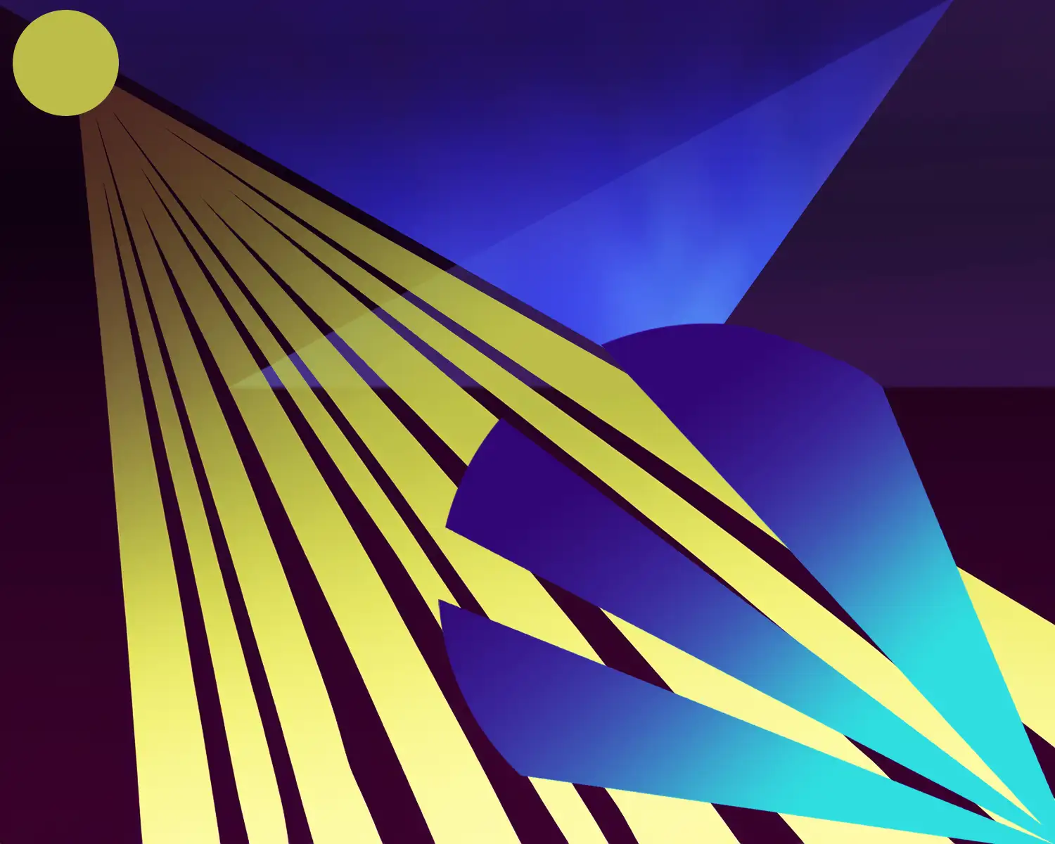Surreal. Circular yellow sun with purple, blue and yellow geometric shapes.
